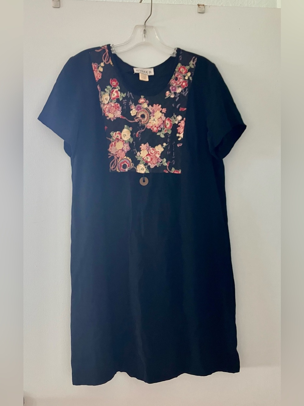Aimee D Petites Vintage Dress with Asian Floral Panel; Frayed Medallion Tassle